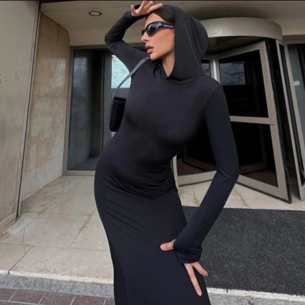Blush Mark Black Hooded Bodycon Maxi Dress Long Sleeve Sleek Minimalist